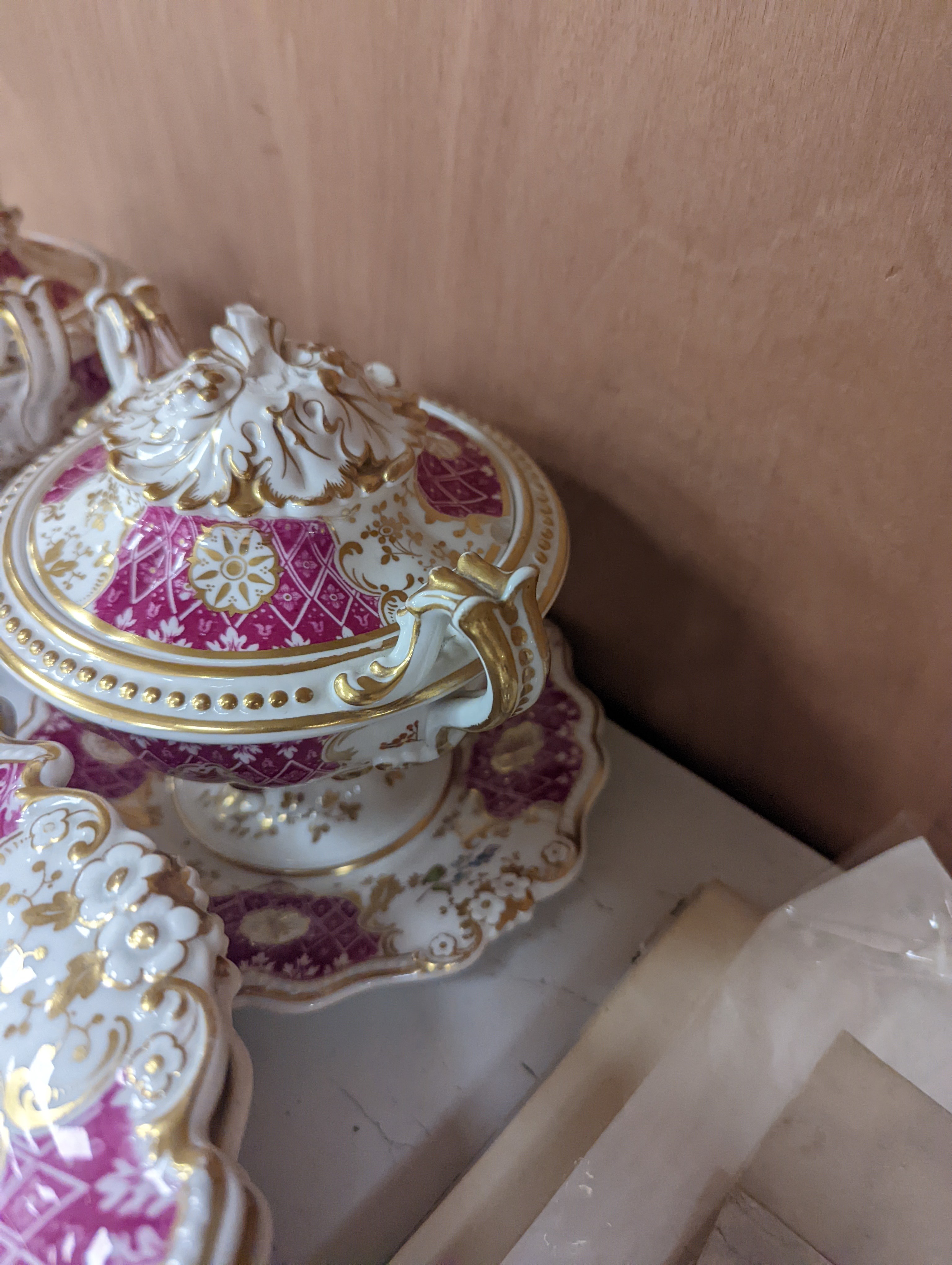 A Ridgways porcelain topographical part dessert service, c.1835, pattern number 2168, the sauce tureens and covers pattern number 2179